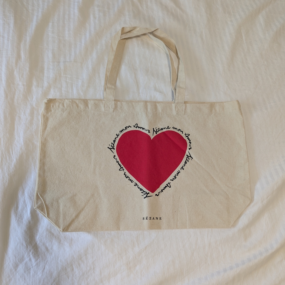 Sézane Cream Tote Bag with Red Heart